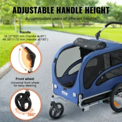 VEVOR Dog Bike Trailer, Supports up to 100 lbs, 2-in-1 Pet Stroller Cart Bicycle Carrier, Easy Folding Cart Frame with Quick Release Wheels, Universal Bicycle Coupler, Reflectors, Flag, Blue/Black