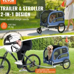 VEVOR Dog Bike Trailer, Supports up to 100 lbs, 2-in-1 Pet Stroller Cart Bicycle Carrier, Easy Folding Cart Frame with Quick Release Wheels, Universal Bicycle Coupler, Reflectors, Flag, Blue/Black
