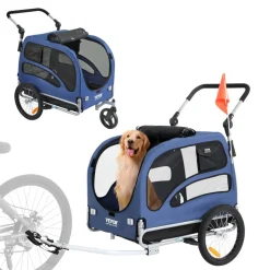 VEVOR Dog Bike Trailer, Supports up to 100 lbs, 2-in-1 Pet Stroller Cart Bicycle Carrier, Easy Folding Cart Frame with Quick Release Wheels, Universal Bicycle Coupler, Reflectors, Flag, Blue/Black