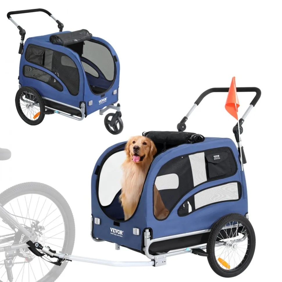 VEVOR Dog Bike Trailer, Supports up to 100 lbs, 2-in-1 Pet Stroller Cart Bicycle Carrier, Easy Folding Cart Frame with Quick Release Wheels, Universal Bicycle Coupler, Reflectors, Flag, Blue/Black