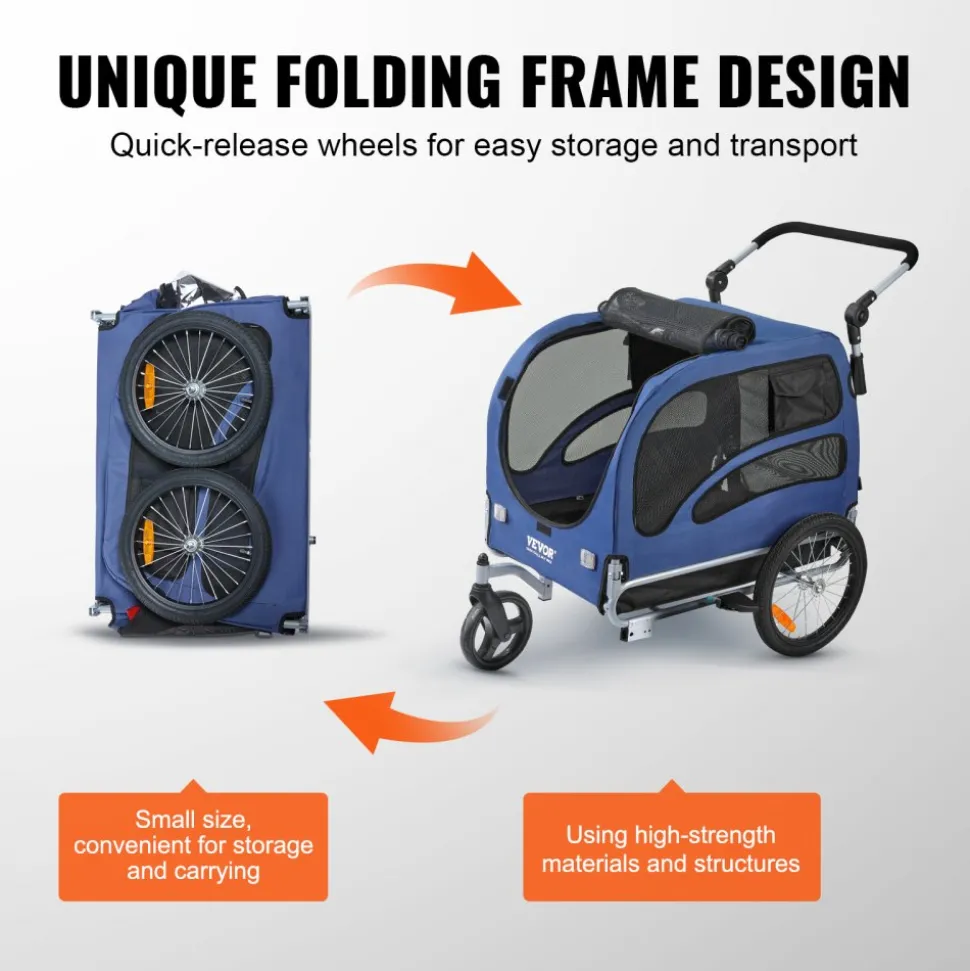 VEVOR Dog Bike Trailer, Supports up to 100 lbs, 2-in-1 Pet Stroller Cart Bicycle Carrier, Easy Folding Cart Frame with Quick Release Wheels, Universal Bicycle Coupler, Reflectors, Flag, Blue/Black