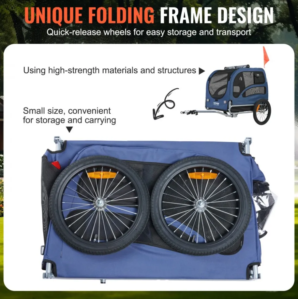 VEVOR Dog Bike Trailer, Supports up to 100 lbs, Pet Cart Bicycle Carrier, Easy Folding Frame with Quick Release Wheels, Universal Bicycle Coupler, Reflectors, Flag, Collapsible to Store, Blue/Black