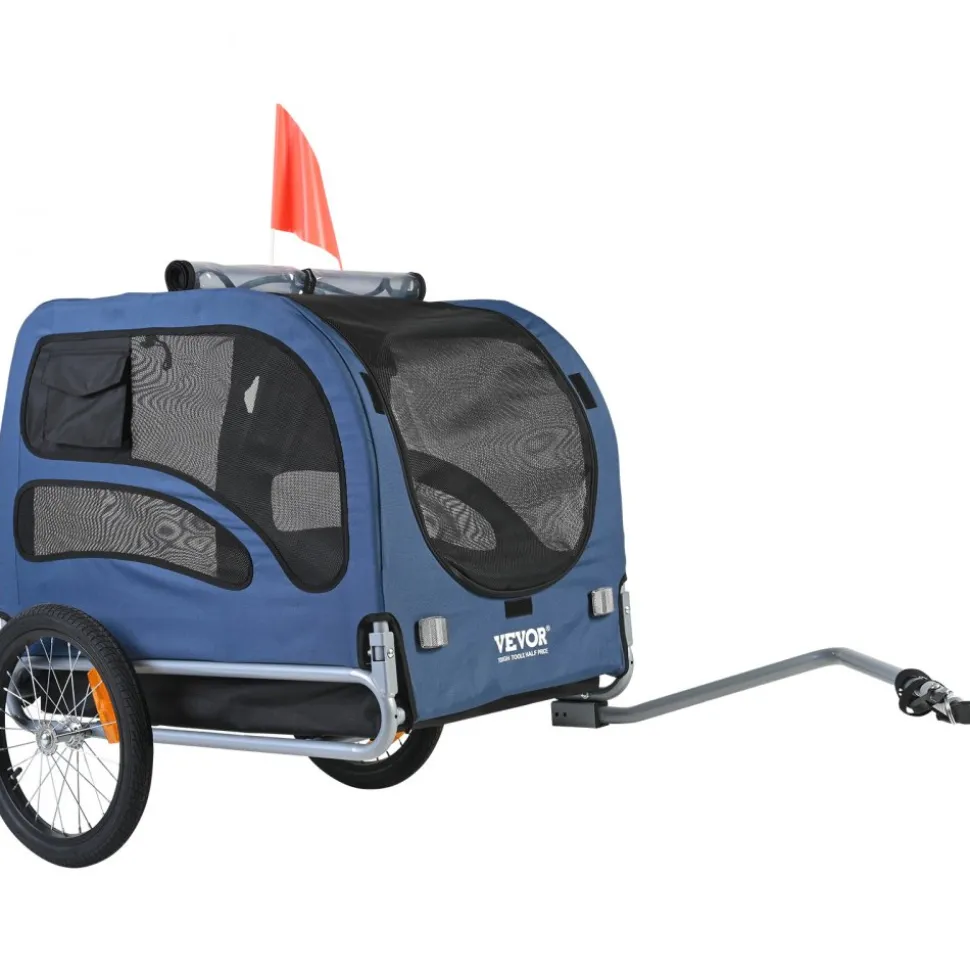 VEVOR Dog Bike Trailer, Supports up to 100 lbs, Pet Cart Bicycle Carrier, Easy Folding Frame with Quick Release Wheels, Universal Bicycle Coupler, Reflectors, Flag, Collapsible to Store, Blue/Black