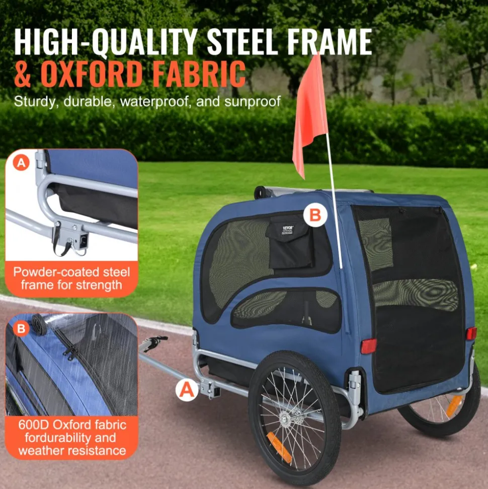 VEVOR Dog Bike Trailer, Supports up to 100 lbs, Pet Cart Bicycle Carrier, Easy Folding Frame with Quick Release Wheels, Universal Bicycle Coupler, Reflectors, Flag, Collapsible to Store, Blue/Black