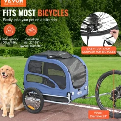 VEVOR Dog Bike Trailer, Supports up to 100 lbs, Pet Cart Bicycle Carrier, Easy Folding Frame with Quick Release Wheels, Universal Bicycle Coupler, Reflectors, Flag, Collapsible to Store, Blue/Black