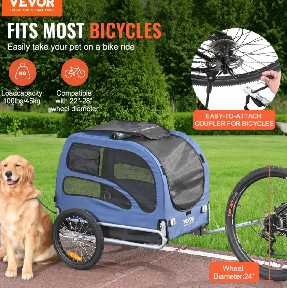 VEVOR Dog Bike Trailer, Supports up to 100 lbs, Pet Cart Bicycle Carrier, Easy Folding Frame with Quick Release Wheels, Universal Bicycle Coupler, Reflectors, Flag, Collapsible to Store, Blue/Black