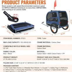 VEVOR Dog Bike Trailer, Supports up to 100 lbs, Pet Cart Bicycle Carrier, Easy Folding Frame with Quick Release Wheels, Universal Bicycle Coupler, Reflectors, Flag, Collapsible to Store, Blue/Black