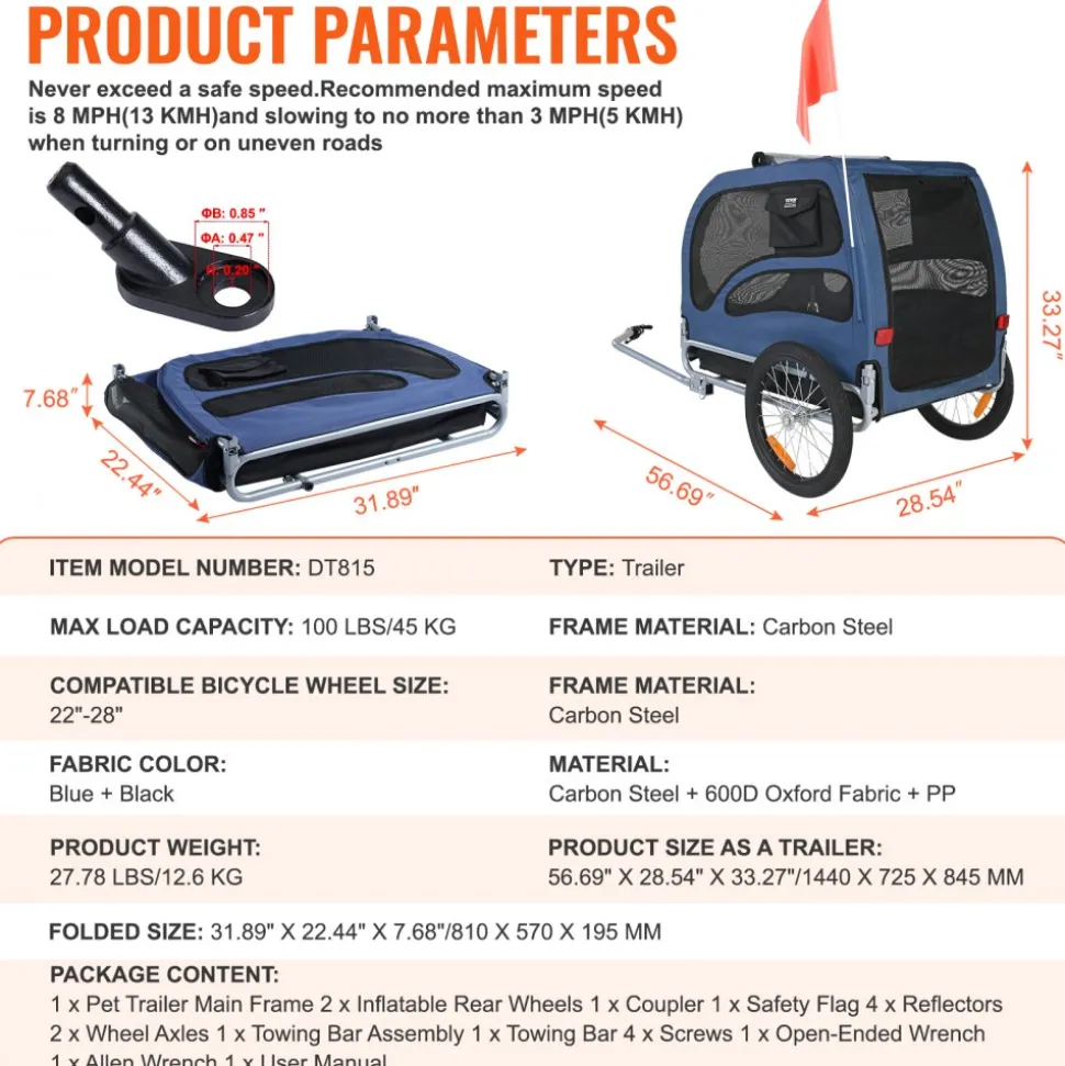 VEVOR Dog Bike Trailer, Supports up to 100 lbs, Pet Cart Bicycle Carrier, Easy Folding Frame with Quick Release Wheels, Universal Bicycle Coupler, Reflectors, Flag, Collapsible to Store, Blue/Black