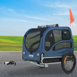 VEVOR Dog Bike Trailer, Supports up to 100 lbs, Pet Cart Bicycle Carrier, Easy Folding Frame with Quick Release Wheels, Universal Bicycle Coupler, Reflectors, Flag, Collapsible to Store, Blue/Black