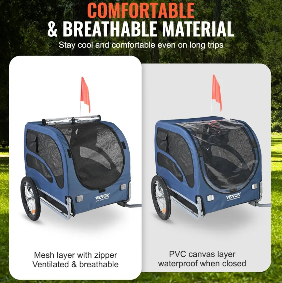 VEVOR Dog Bike Trailer, Supports up to 100 lbs, Pet Cart Bicycle Carrier, Easy Folding Frame with Quick Release Wheels, Universal Bicycle Coupler, Reflectors, Flag, Collapsible to Store, Blue/Black