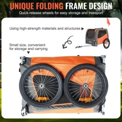 VEVOR Dog Bike Trailer, Supports up to 66 lbs, Pet Cart Bicycle Carrier, Easy Folding Frame with Quick Release Wheels, Universal Bicycle Coupler, Reflectors, Flag, Collapsible to Store, Orange/Gray