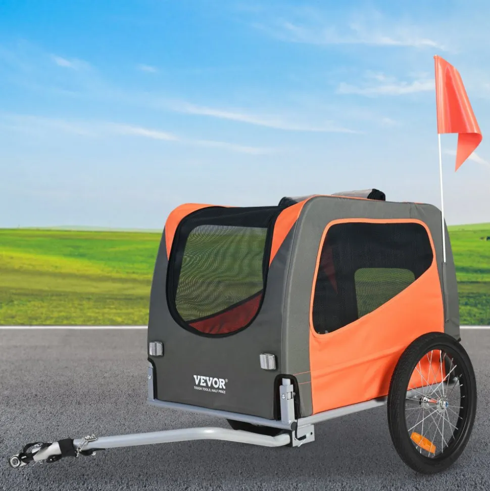 VEVOR Dog Bike Trailer, Supports up to 66 lbs, Pet Cart Bicycle Carrier, Easy Folding Frame with Quick Release Wheels, Universal Bicycle Coupler, Reflectors, Flag, Collapsible to Store, Orange/Gray