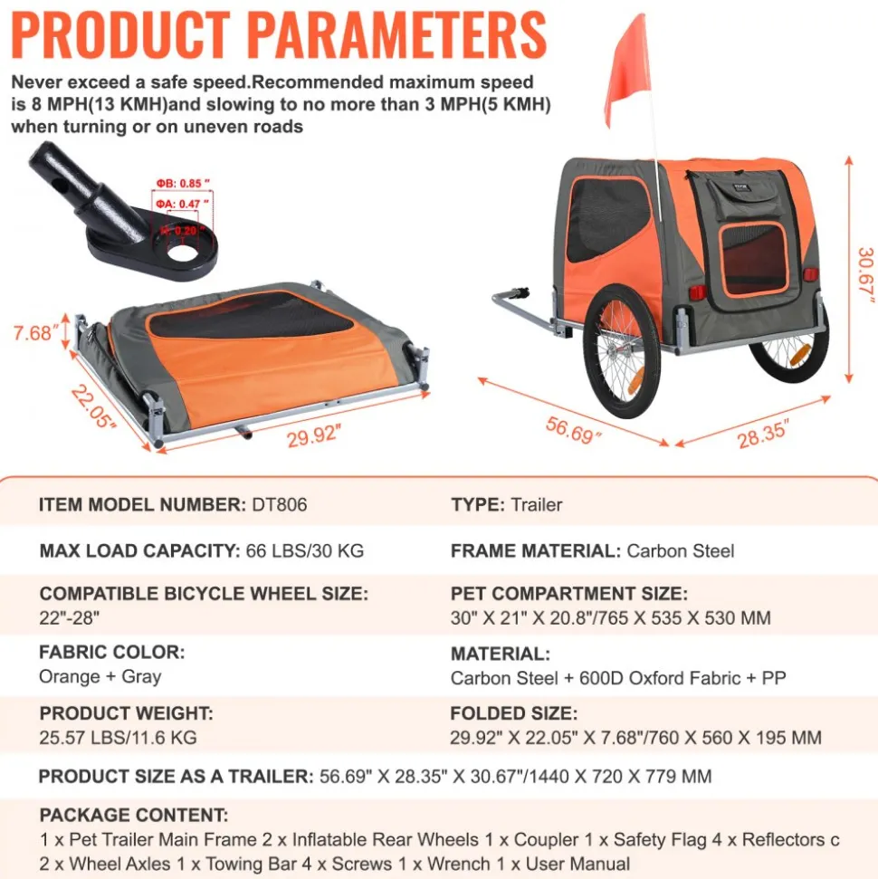 VEVOR Dog Bike Trailer, Supports up to 66 lbs, Pet Cart Bicycle Carrier, Easy Folding Frame with Quick Release Wheels, Universal Bicycle Coupler, Reflectors, Flag, Collapsible to Store, Orange/Gray
