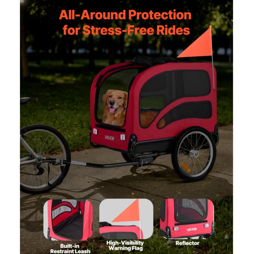 VEVOR Dog Bike Trailer, Supports up to 100 lbs, Pet Cart Bicycle Carrier for Small & Large Dogs, Easy Folding Frame with Quick Release Wheel, Universal Bicycle Coupler, Reflector, Flag, Internal Leash