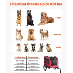 VEVOR Dog Bike Trailer, Supports up to 100 lbs, Pet Cart Bicycle Carrier for Small & Large Dogs, Easy Folding Frame with Quick Release Wheel, Universal Bicycle Coupler, Reflector, Flag, Internal Leash