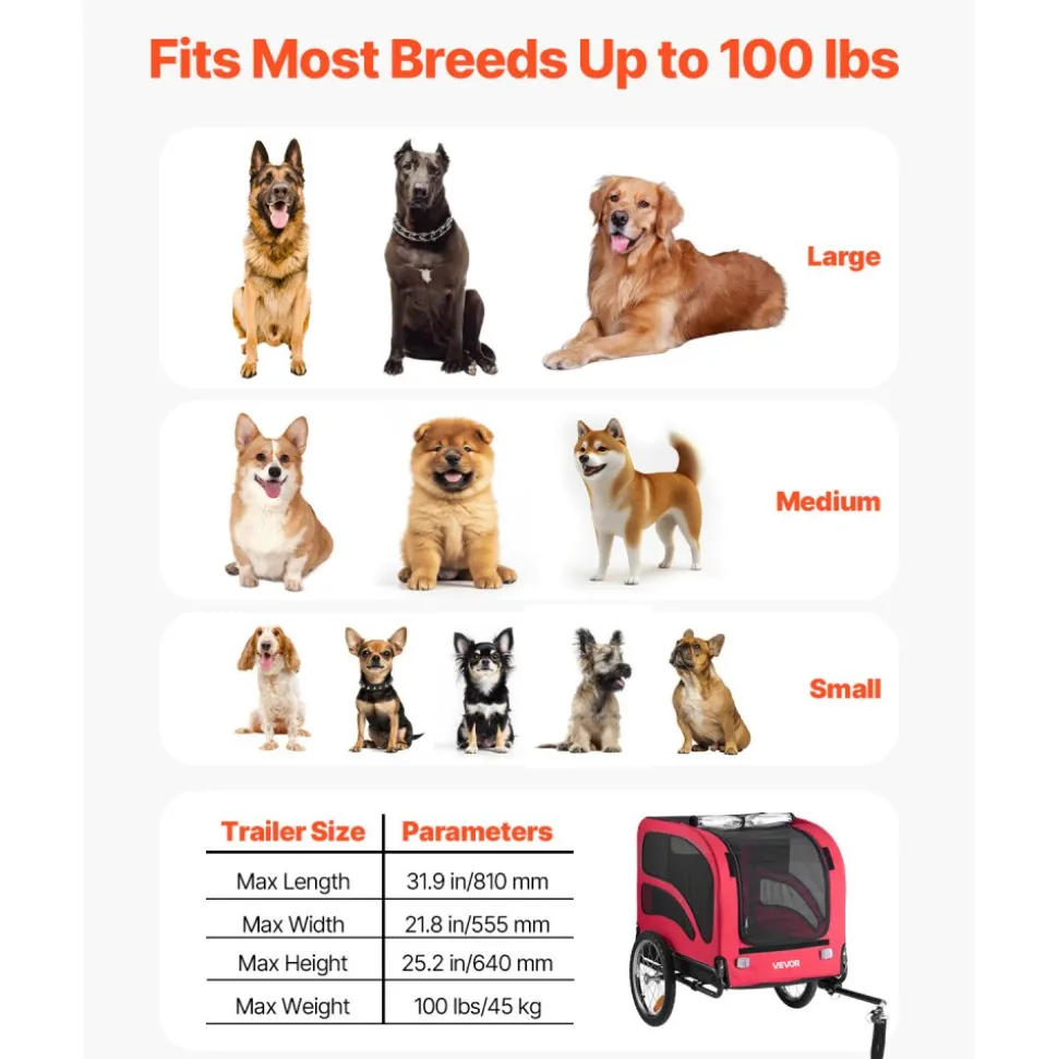 VEVOR Dog Bike Trailer, Supports up to 100 lbs, Pet Cart Bicycle Carrier for Small & Large Dogs, Easy Folding Frame with Quick Release Wheel, Universal Bicycle Coupler, Reflector, Flag, Internal Leash
