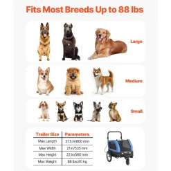 VEVOR Dog Bike Trailer, Supports up to 88 lbs, 2-in-1 Pet Stroller Cart Bicycle Carrier for Small & Large Dogs, Easy Folding Frame with Quick Release Wheel, Universal Bicycle Coupler, Internal Leash