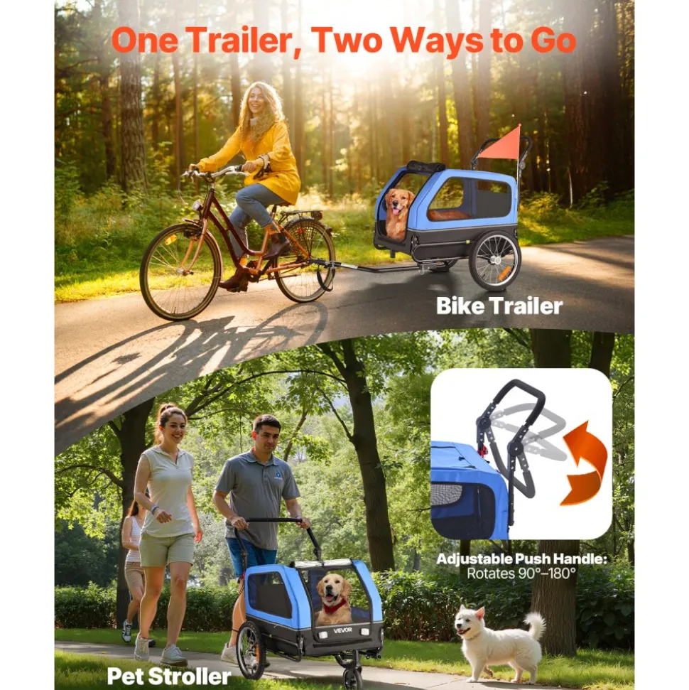 VEVOR Dog Bike Trailer, Supports up to 88 lbs, 2-in-1 Pet Stroller Cart Bicycle Carrier for Small & Large Dogs, Easy Folding Frame with Quick Release Wheel, Universal Bicycle Coupler, Internal Leash