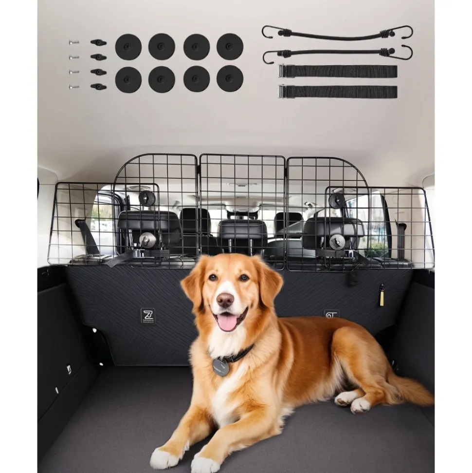 VEVOR Dog Car Barrier, 36.6"-60" Adjustable Car Divider for Trunk Cargo Area, Universal-Fit Back Seat Heavy-Duty Wire Mesh Dogs Separator Guard Net, Vehicle Pet Barrier for Sedans, Trucks and SUVs