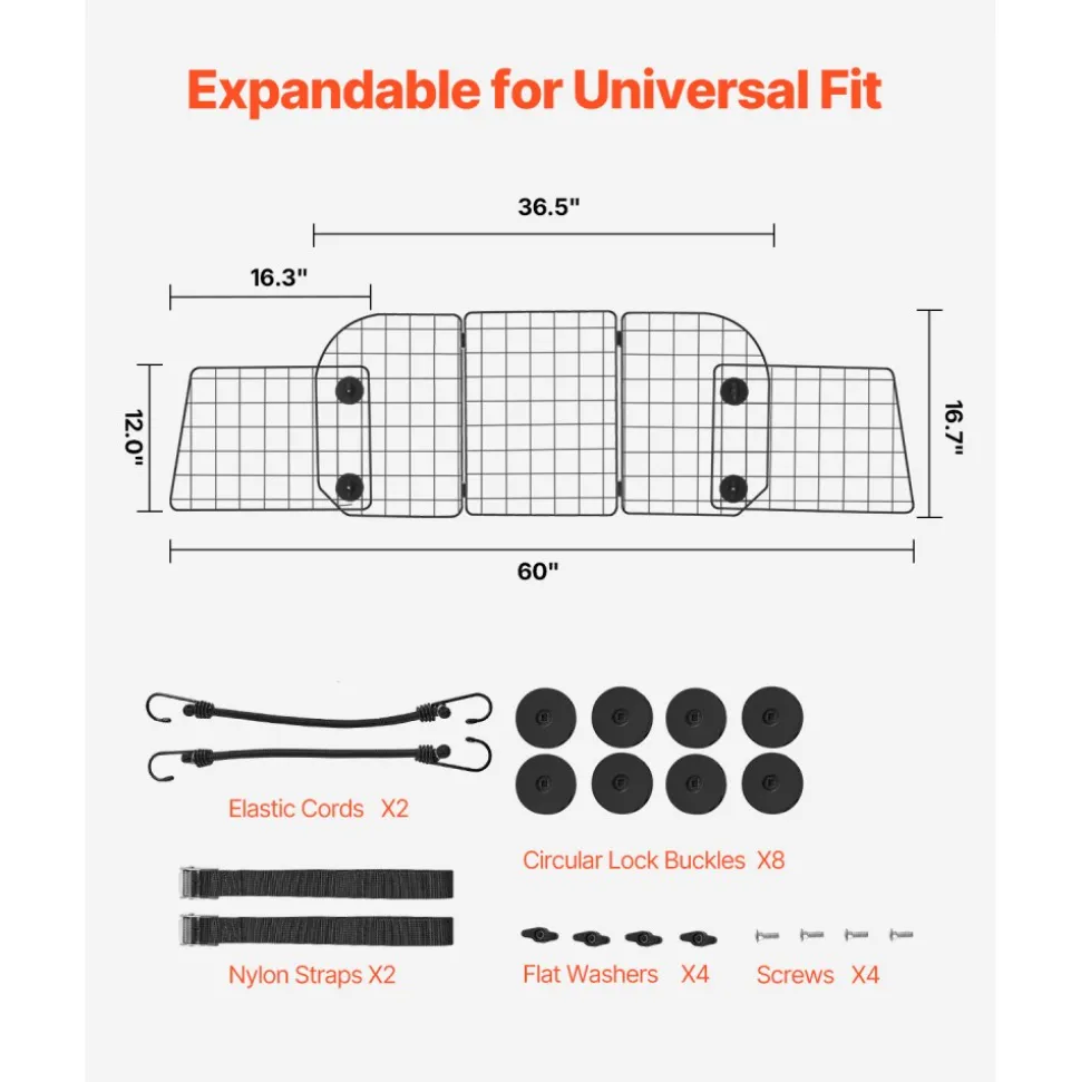 VEVOR Dog Car Barrier, 36.6"-60" Adjustable Car Divider for Trunk Cargo Area, Universal-Fit Back Seat Heavy-Duty Wire Mesh Dogs Separator Guard Net, Vehicle Pet Barrier for Sedans, Trucks and SUVs