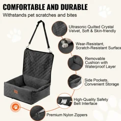 VEVOR Dog Car Seat, Dog Booster Seat for Car with A Storage Pocket, Pet Car Seat with Clip-On Safety Leash, Sponge Filling, Dog Car Bed for Medium & Large Dog up to 55 lbs, Gray
