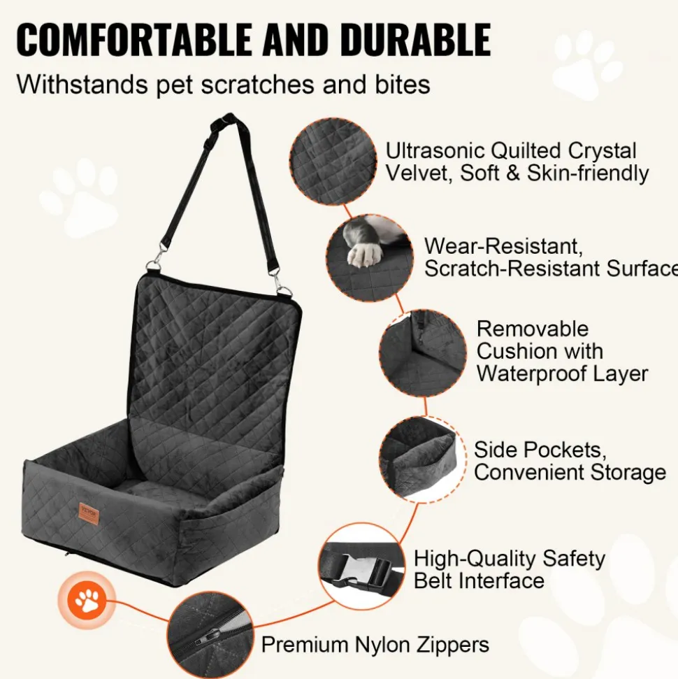 VEVOR Dog Car Seat, Dog Booster Seat for Car with A Storage Pocket, Pet Car Seat with Clip-On Safety Leash, Sponge Filling, Dog Car Bed for Medium & Large Dog up to 55 lbs, Gray