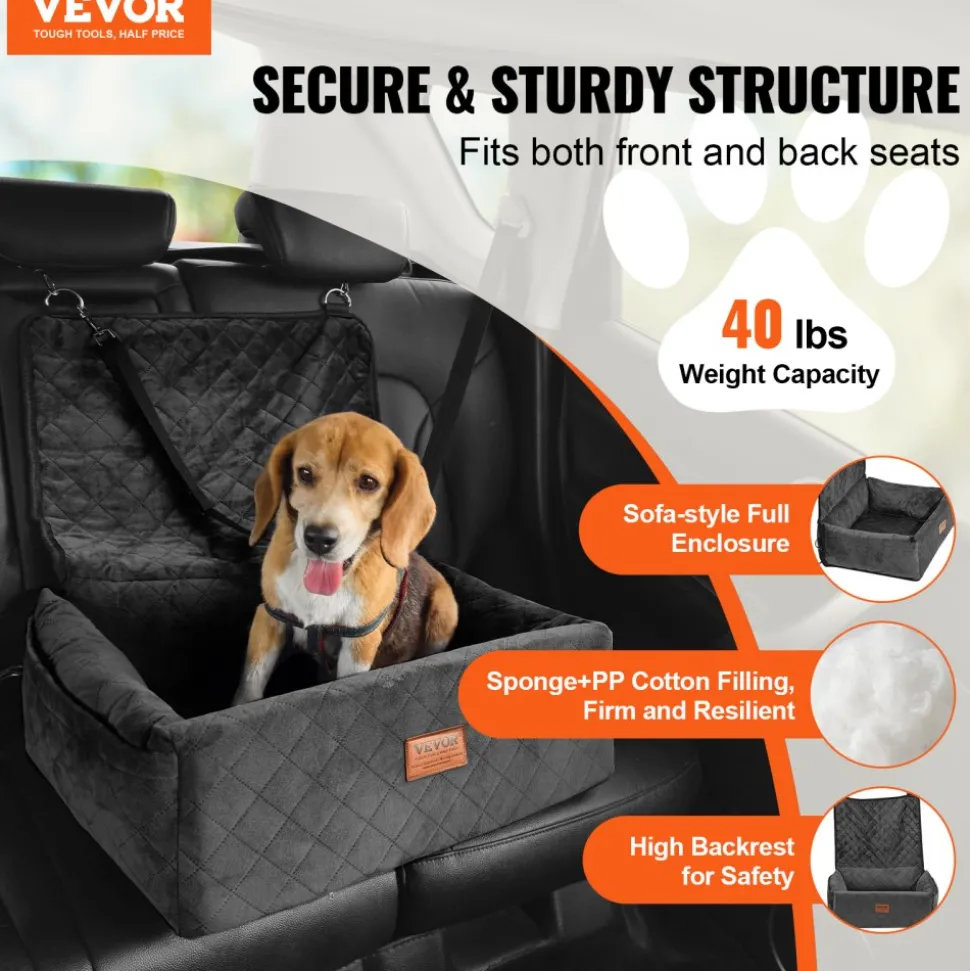 VEVOR Dog Car Seat, Dog Booster Seat for Car with A Storage Pocket, Pet Car Seat with Clip-On Safety Leash, Sponge Filling, Dog Car Bed for Medium & Large Dog up to 55 lbs, Gray