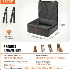 VEVOR Dog Car Seat, Dog Booster Seat for Car with A Storage Pocket, Pet Car Seat with Clip-On Safety Leash, Sponge Filling, Dog Car Bed for Medium & Large Dog up to 55 lbs, Gray