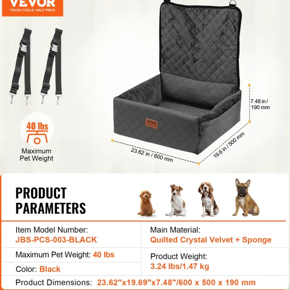 VEVOR Dog Car Seat, Dog Booster Seat for Car with A Storage Pocket, Pet Car Seat with Clip-On Safety Leash, Sponge Filling, Dog Car Bed for Medium & Large Dog up to 55 lbs, Gray