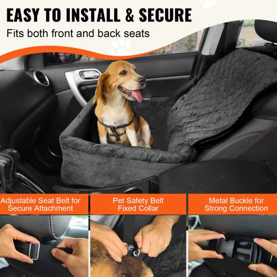 VEVOR Dog Car Seat, Dog Booster Seat for Car with A Storage Pocket, Pet Car Seat with Clip-On Safety Leash, Sponge Filling, Dog Car Bed for Medium & Large Dog up to 55 lbs, Gray