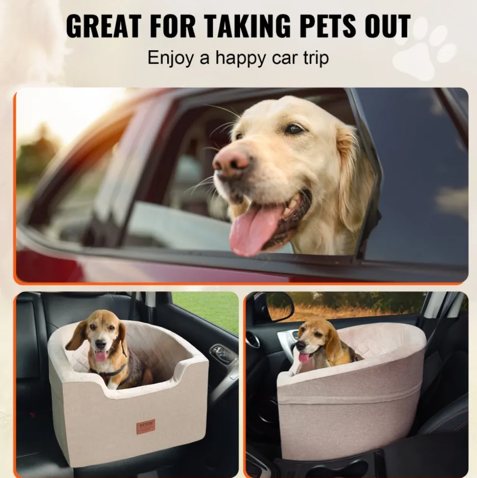 VEVOR Dog Car Seat, Waterproof Dog Booster Seat for Car with A Storage Pocket, Clip-On Safety Leash and Sponge Filling, Dog Car Bed for Small & Medium Dog up to 55lbs, Brown