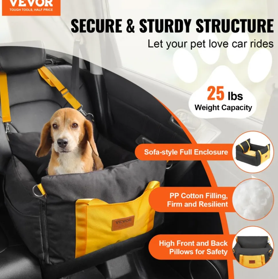 VEVOR Dog Car Seat, Waterproof Dog Booster Seat for Car with Side Handles and A Storage Pocket, Clip-On Safety Leash and PP Cotton Filling, Dog Car Bed for Small Dog up to 25lbs, Black