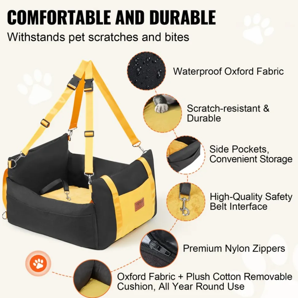 VEVOR Dog Car Seat, Waterproof Dog Booster Seat for Car with Side Handles and A Storage Pocket, Clip-On Safety Leash and PP Cotton Filling, Dog Car Bed for Small Dog up to 25lbs, Black