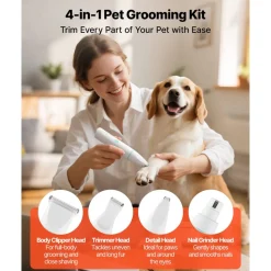 VEVOR Dog Clippers for Grooming, 4 in 1 Dog Grooming Kit, Low Noise, Rechargeable Pet Shaver with 6 Combs & 4 Detachable Blades, Waterproof Cordless Pet Hair Trimmers Nail Grinder Set for Dogs Cats