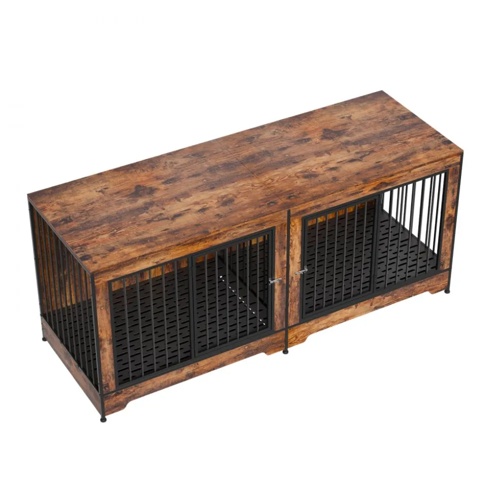 VEVOR 75" Dog Crate Furniture for 2 Dogs, Extra Large Double Dog Crate Furniture Large Breed with Divider & Double Doors, Large Wooden Dog Crate Furniture TV Stand for Medium Large Dogs Brown