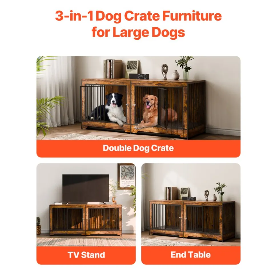 VEVOR 75" Dog Crate Furniture for 2 Dogs, Extra Large Double Dog Crate Furniture Large Breed with Divider & Double Doors, Large Wooden Dog Crate Furniture TV Stand for Medium Large Dogs Brown