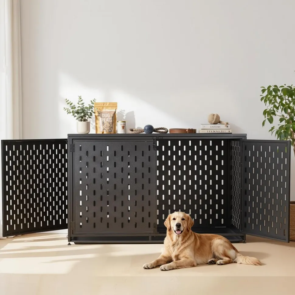 VEVOR Dog Crate Furniture, 48 Inch Heavy Duty Dog Kennel Furniture Indoor for Large Dogs, Sturdy Steel Decorative Pet Cage House End Table with 3 Doors, Detachable Tray & Escape-Proof Locks, Black
