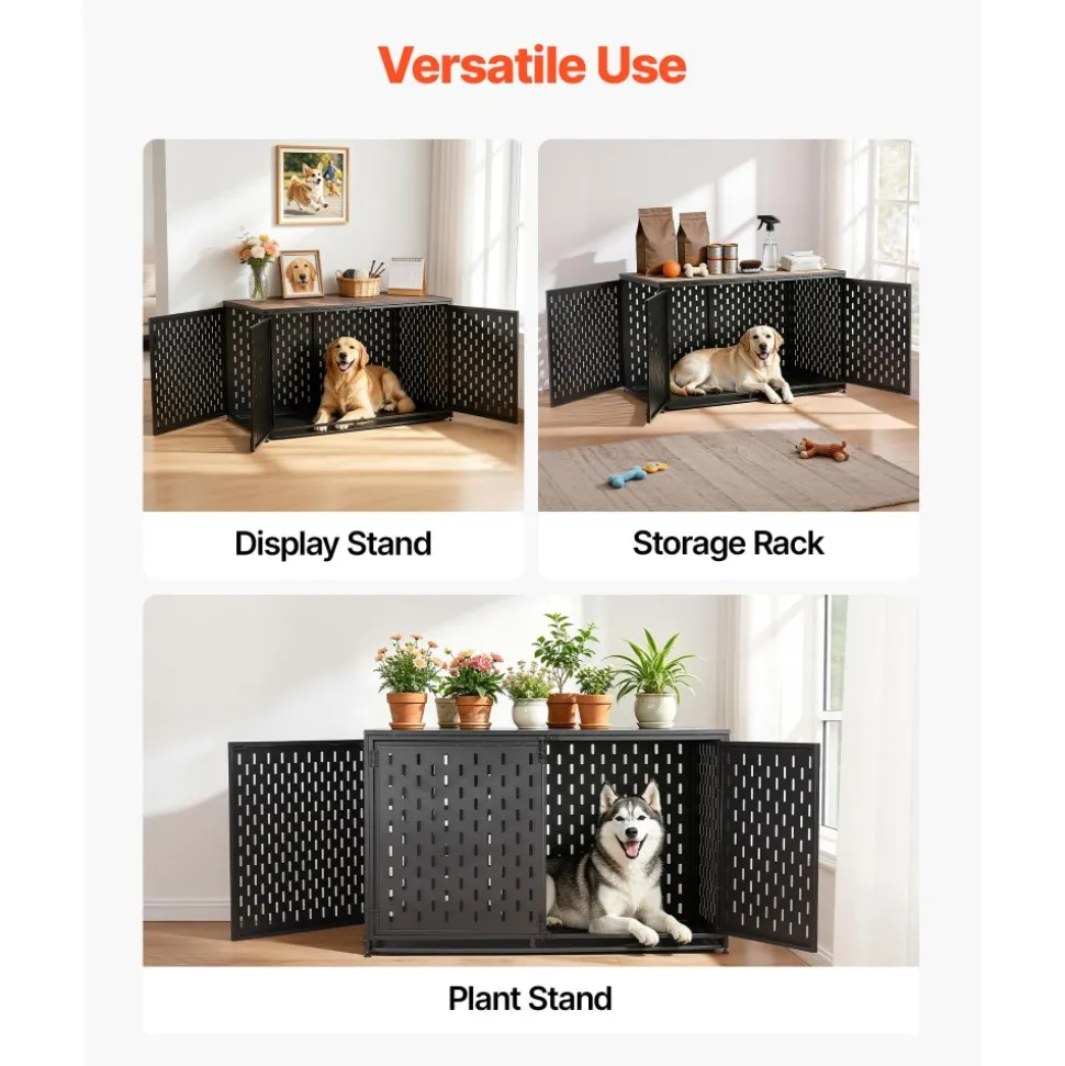 VEVOR Dog Crate Furniture, 48 Inch Heavy Duty Dog Kennel Furniture Indoor for Large Dogs, Sturdy Steel Decorative Pet Cage House End Table with 3 Doors, Detachable Tray & Escape-Proof Locks, Black
