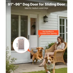 VEVOR Dog Door for Sliding Glass Door, 91 to 96 in Adjustable Height, Aluminum Alloy Frame with Metal Rotating Hinges, Lock Design, 13 5/8 x 23 5/8 in Flap, Sliding Glass Pet Door for Renters