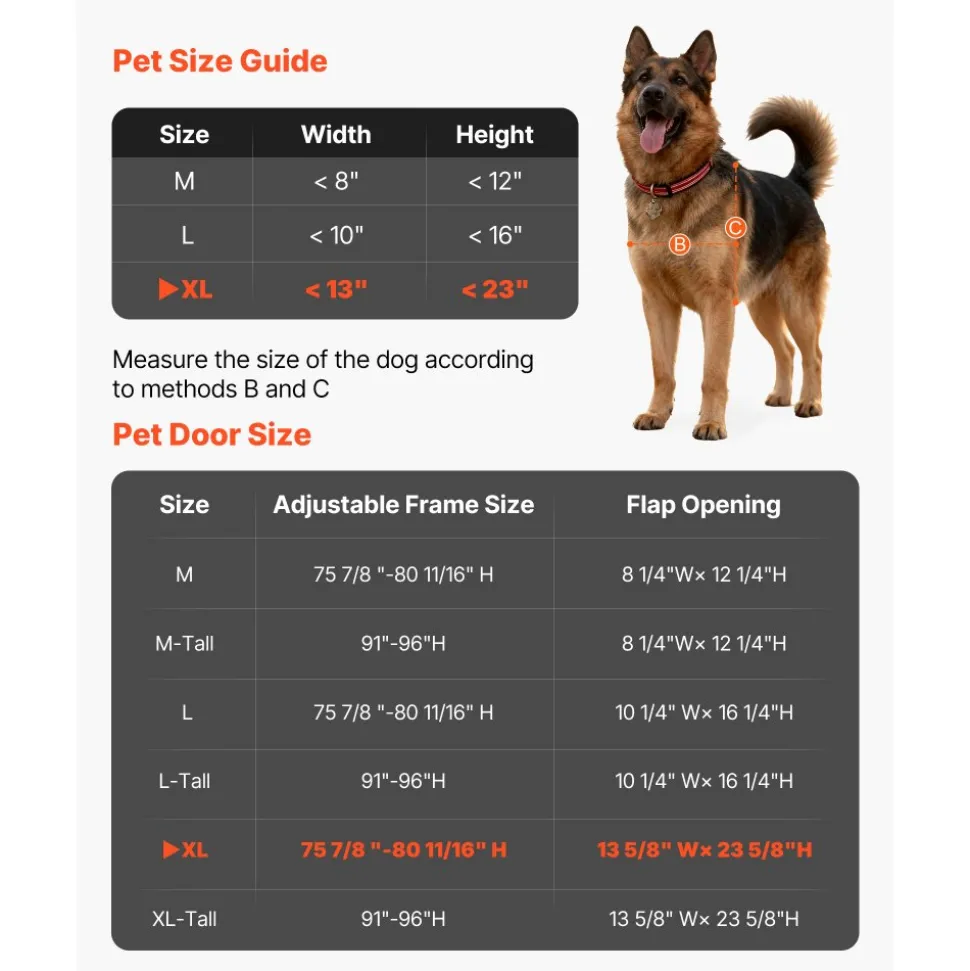 VEVOR Dog Door for Sliding Glass Door, 91 to 96 in Adjustable Height, Aluminum Alloy Frame with Metal Rotating Hinges, Lock Design, 13 5/8 x 23 5/8 in Flap, Sliding Glass Pet Door for Renters