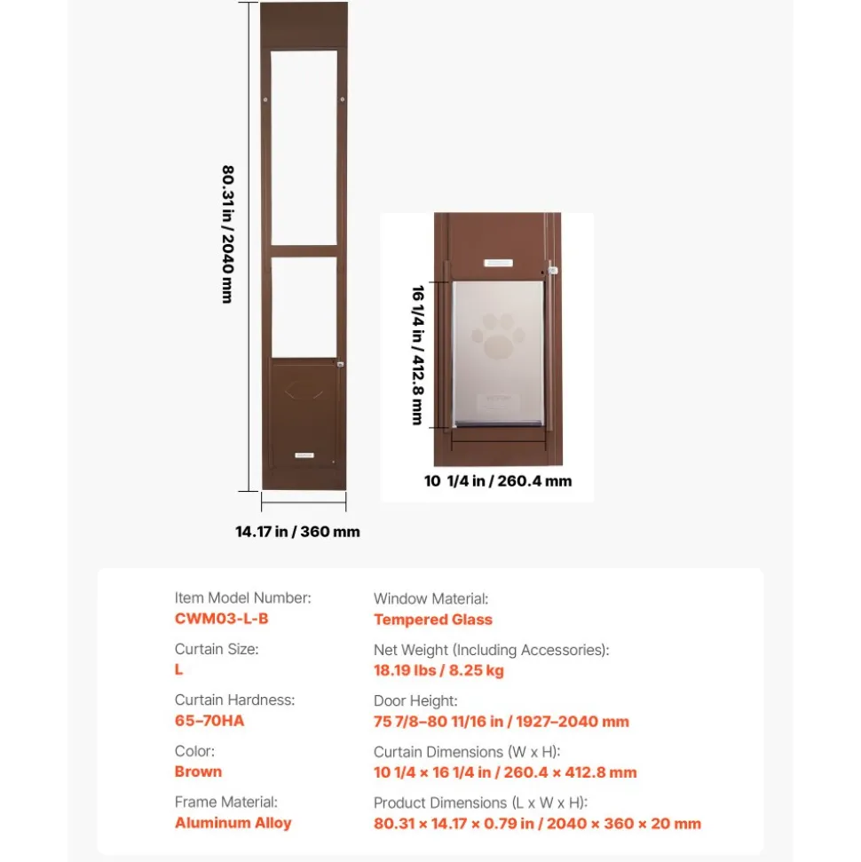 VEVOR Dog Door for Sliding Glass Door, 75 7/8 to 80 11/16 in Adjustable Height, Aluminum Alloy Frame with Rotating Hinges, Lock Design, 10 1/4 x 16 1/4 in Flap, Sliding Glass Pet Door for Renters