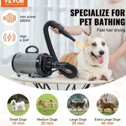 VEVOR Dog Dryer, 2000W/2.7HP Dog Blow Dryer, Pet Grooming Dryer with Adjustable Speed and Temperature Control, Pet Hair Dryer with 4 Nozzles and Extendable Hose, Grey and Black