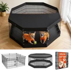 VEVOR Dog Playpen 24 Inch 8 Panels Exercise Pen with Top Cover & Bottom Pad, Indoor Foldable Metal Pet Fence with Door, Heavy Duty Puppy Crate Kennel Pen for Dogs, Cats, and Other Small Animals, Black