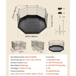 VEVOR Dog Playpen 30 Inch 8 Panels Foldable Exercise Pen with Bottom Pad, Indoor Metal Pet Fence with Door, Heavy Duty Puppy Crate Kennel, Pet Playpen for Dogs, Cats, and Other Small Animals, Black