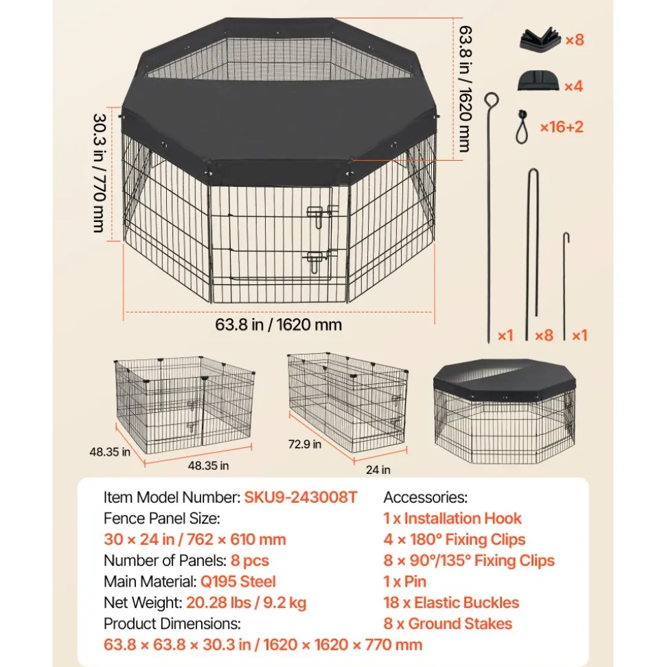 VEVOR Dog Playpen 30 Inch 8 Panels Foldable Exercise Pen with Top Cover, Indoor Metal Pet Fence with Door, Heavy Duty Puppy Crate Kennel, Pet Playpen for Dogs, Cats, and Other Small Animals, Black