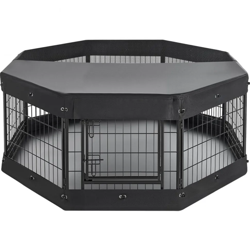 VEVOR Dog Playpen 24 Inch 8 Panels Heavy Duty with Top Cover & Bottom Pad, Indoor Foldable Metal Exercise Pen Pet Fence with Door, Puppy Crate Kennel Pen for Dogs, Cats, and Other Small Animals, Black
