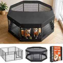 VEVOR Dog Playpen 24 Inch 8 Panels Heavy Duty with Top Cover & Bottom Pad, Indoor Foldable Metal Exercise Pen Pet Fence with Door, Puppy Crate Kennel Pen for Dogs, Cats, and Other Small Animals, Black