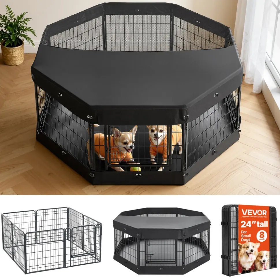 VEVOR Dog Playpen 24 Inch 8 Panels Heavy Duty with Top Cover & Bottom Pad, Indoor Foldable Metal Exercise Pen Pet Fence with Door, Puppy Crate Kennel Pen for Dogs, Cats, and Other Small Animals, Black