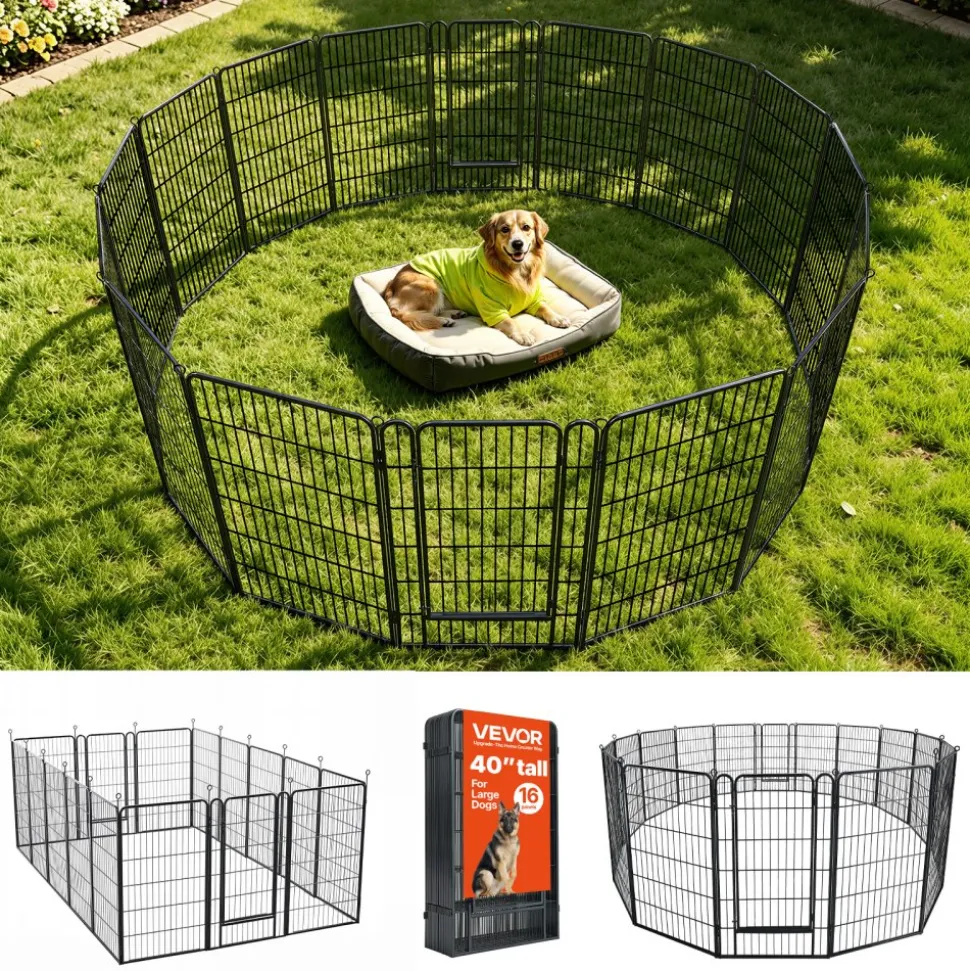 VEVOR Dog Playpen 40 Inch 16 Panels Foldable Metal Exercise Pen Pet Fence, Indoor/Outdoor Heavy Duty Puppy Crate Kennel with Door for Large/Small Dogs and Cats, Portable for RV Camping, Yard, Black