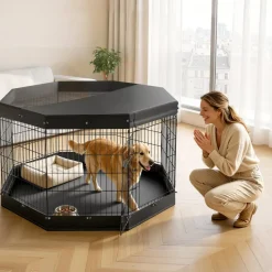 VEVOR Dog Playpen 36 Inch 8 Panels Exercise Pen with Top Cover & Bottom Pad, Indoor Foldable Metal Pet Fence with Door, Heavy Duty Puppy Crate Kennel Pen for Dogs, Cats, and Other Small Animals, Black